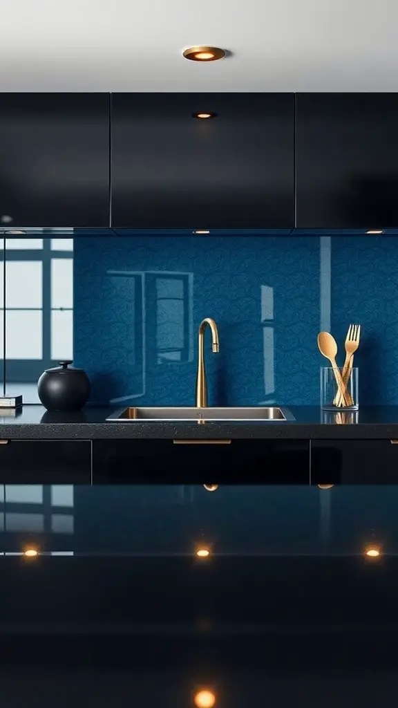 A modern kitchen featuring a glossy blue laminate backsplash with dark cabinets and gold accents.