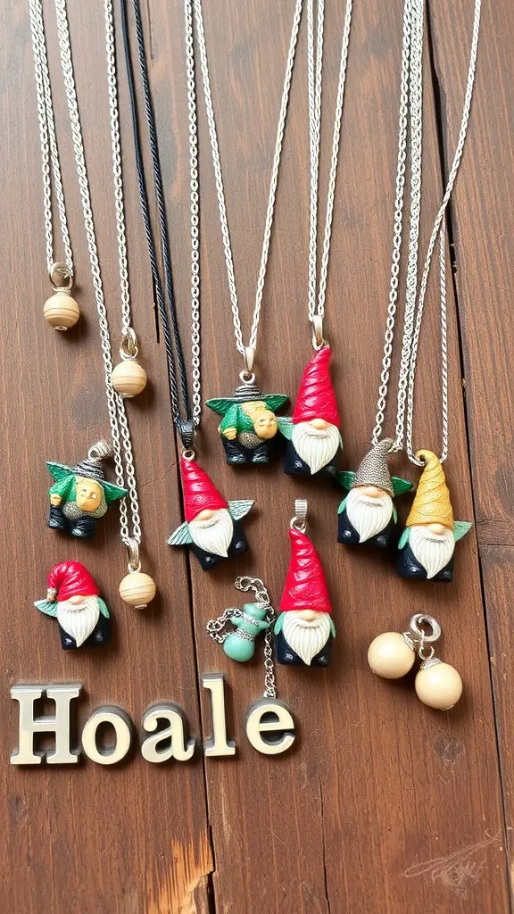 A collection of gnome-inspired necklaces laid out on a wooden surface.