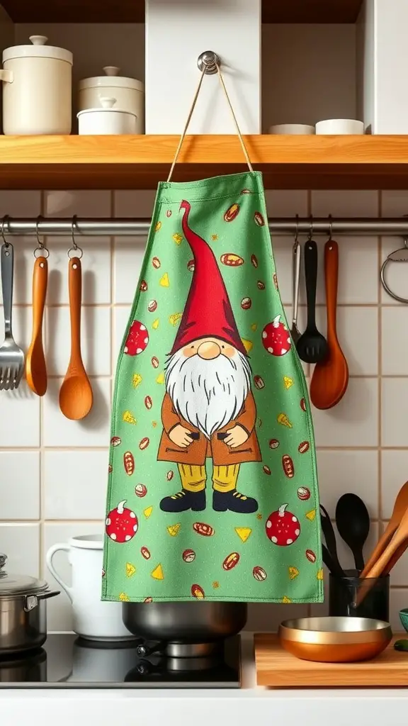 A gnome-themed apron hanging in a cozy kitchen, featuring a cheerful gnome surrounded by colorful snacks.