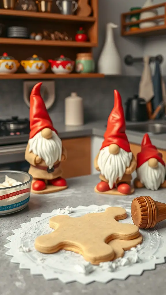 A cozy kitchen with gnome figurines, cookie dough shaped like a gnome, and baking utensils.