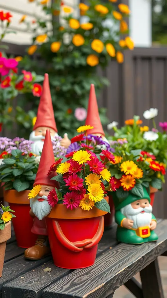 A collection of colorful gnome-themed flower pots with vibrant flowers and cheerful gnome figurines.