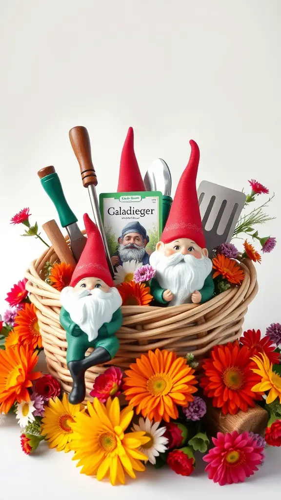 A gnome-themed gift basket filled with colorful flowers, gardening tools, and two gnome figurines.