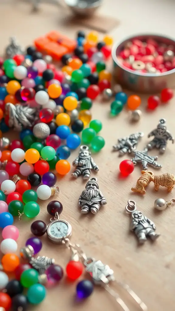 A colorful assortment of beads and gnome-themed charms on a wooden surface, ready for jewelry making.