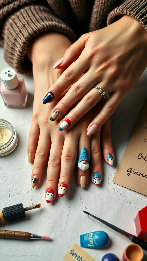 A close-up of hands with gnome-themed nail art, featuring colorful designs and nail art supplies