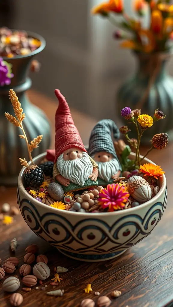 A bowl of gnome-themed potpourri with colorful flowers and two gnome figurines