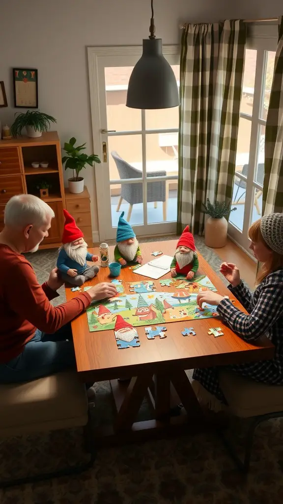 Family enjoying a gnome-themed puzzle night at a cozy table with gnome decorations.