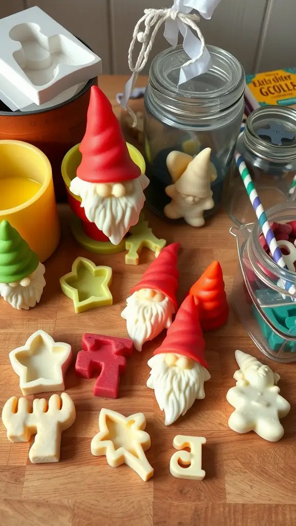 Colorful gnome-shaped candles and molds for candle making