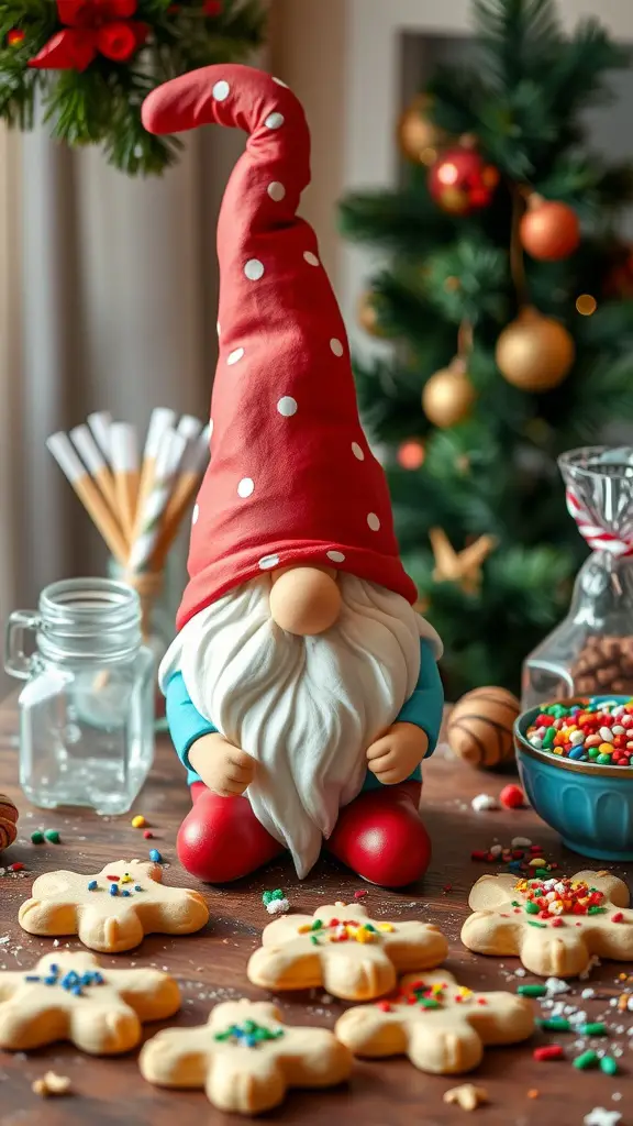 A cheerful gnome figure surrounded by decorated cookies and colorful sprinkles.