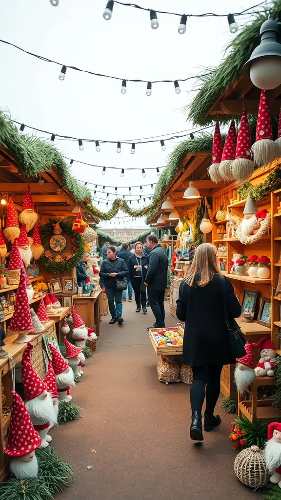 A lively gnome craft fair with visitors exploring stalls filled with gnome-themed crafts and decorations.