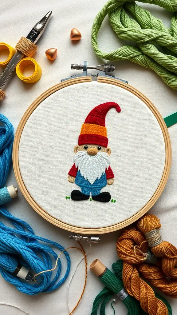 An embroidery hoop featuring a colorful gnome design, surrounded by vibrant threads.