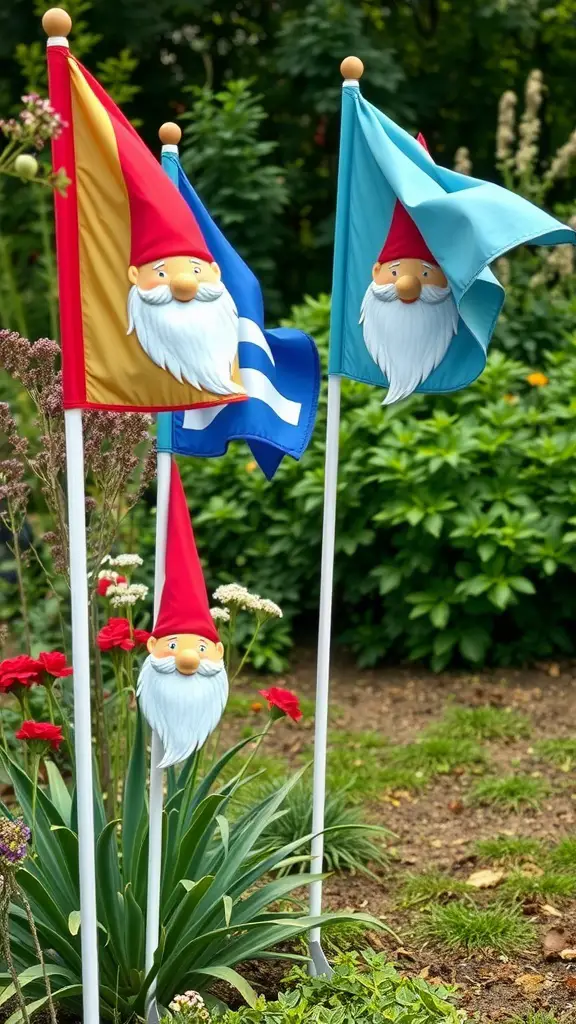 Three colorful gnome garden flags standing amidst greenery and flowers.