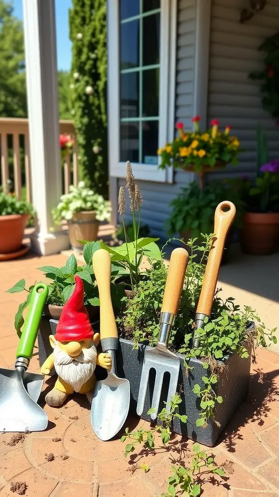 A gnome figurine next to gardening tools and a planter with herbs.