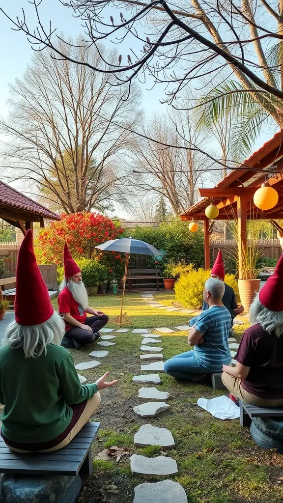 Gnome meditation session in a peaceful garden setting