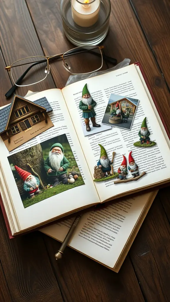 An open book with gnome pictures and figurines, a candle and glasses on a wooden table.