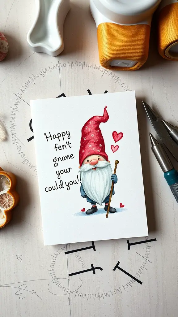 A cheerful gnome Mother’s Day card featuring a gnome with a red hat and hearts