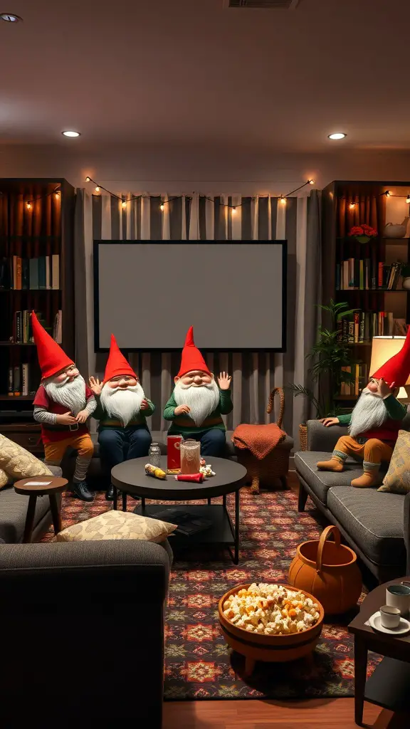 A cozy living room with gnome figurines sitting in front of a movie screen, surrounded by snacks and a warm atmosphere.