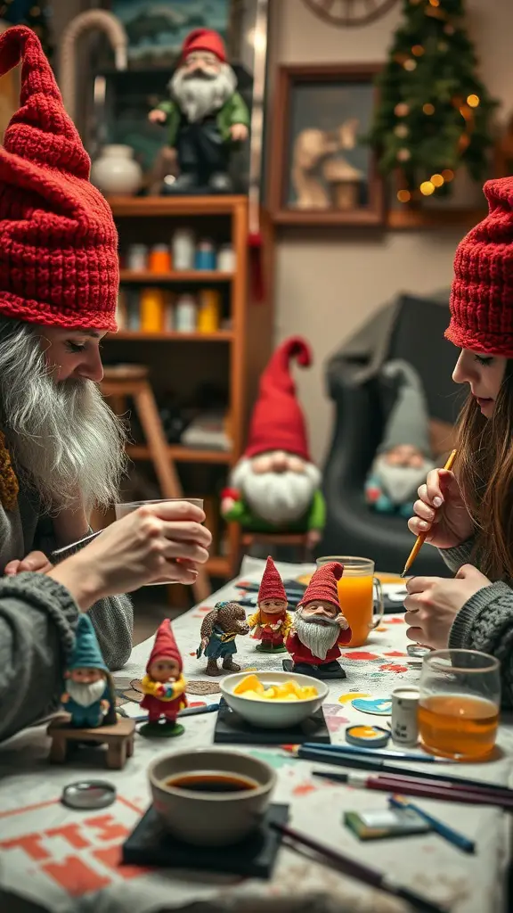 Two individuals painting gnome figurines in a cozy setting