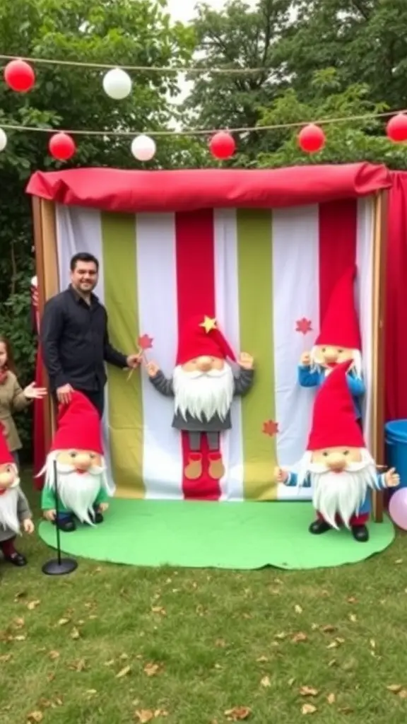 A vibrant gnome photo booth setup with colorful decorations and cheerful gnome figures