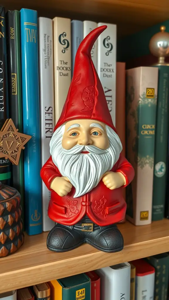 A cheerful gnome figurine with a red hat and white beard, sitting on a wooden shelf filled with books.