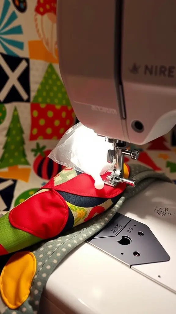 A sewing machine with colorful fabric pieces being stitched together for a gnome quilt project.