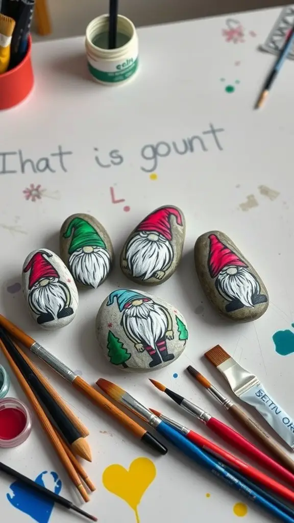 Painted gnome rocks with various colors and paint brushes on a work table.