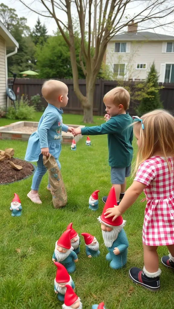 Children engaged in a gnome scavenger hunt in a yard