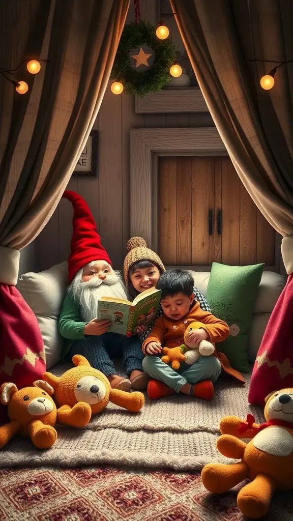 A cozy setting with a gnome reading to two children surrounded by teddy bears and soft lighting.