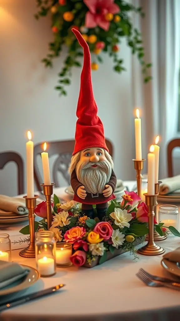 A gnome figurine in a red hat sits on a table centerpiece surrounded by flowers and candles.