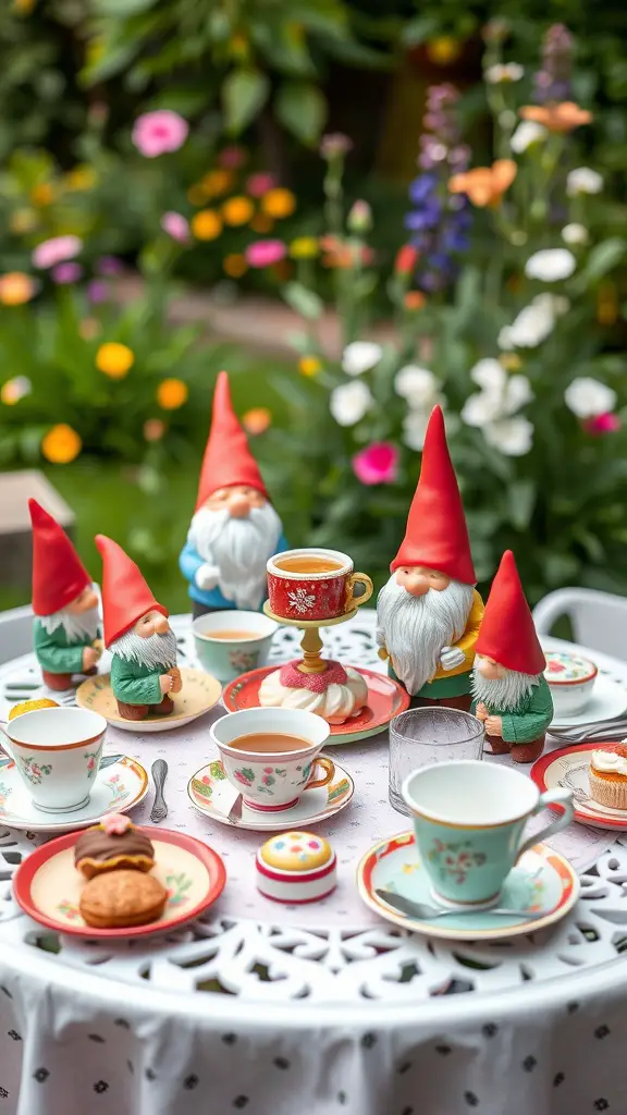 A whimsical gnome tea party with colorful decorations and treats.