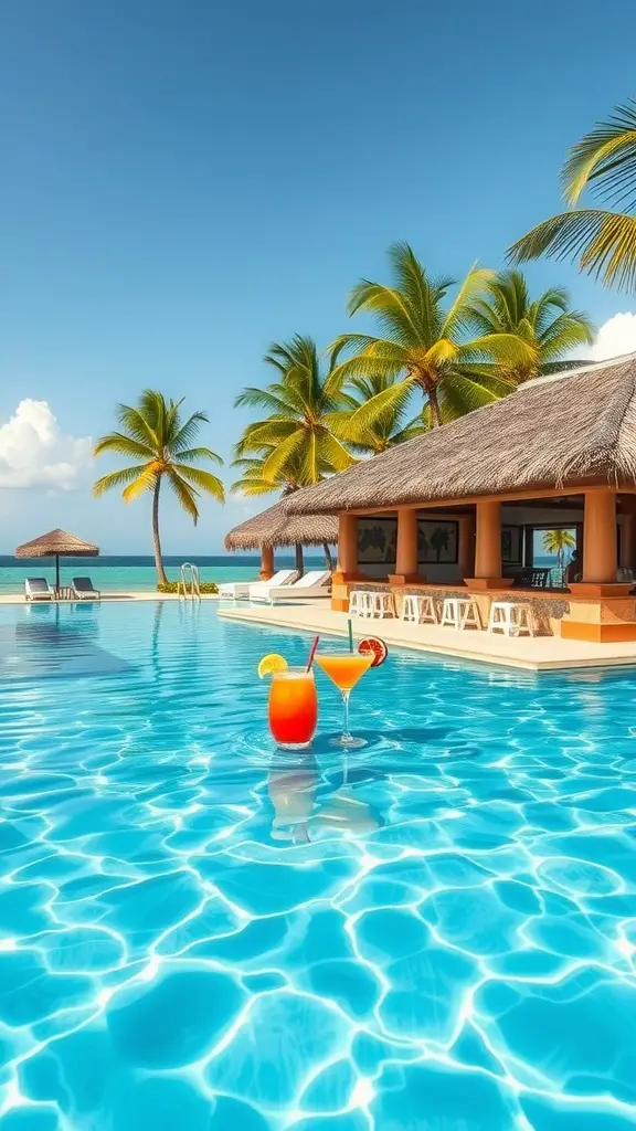 A beautiful backyard pool with a swim-up bar, featuring two colorful cocktails, surrounded by palm trees under a clear blue sky.