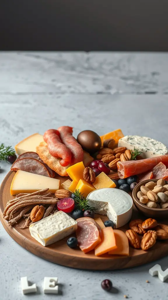 A gourmet cheese and charcuterie board featuring a variety of cheeses, cured meats, nuts, and fruits.