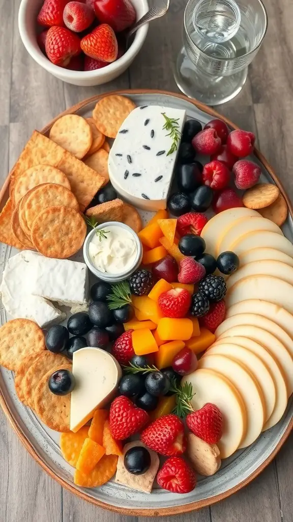 A colorful gourmet cheese and crackers platter with various cheeses, fruits, and crackers