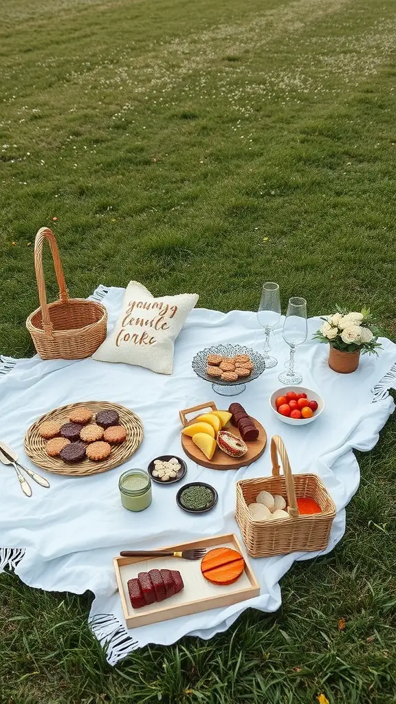 17 Creative Summer Bridal Shower Ideas for a Memorable Celebration 7 A gourmet picnic setup featuring a white blanket with a variety of snacks, baskets, and sparkling glasses on a grassy area.