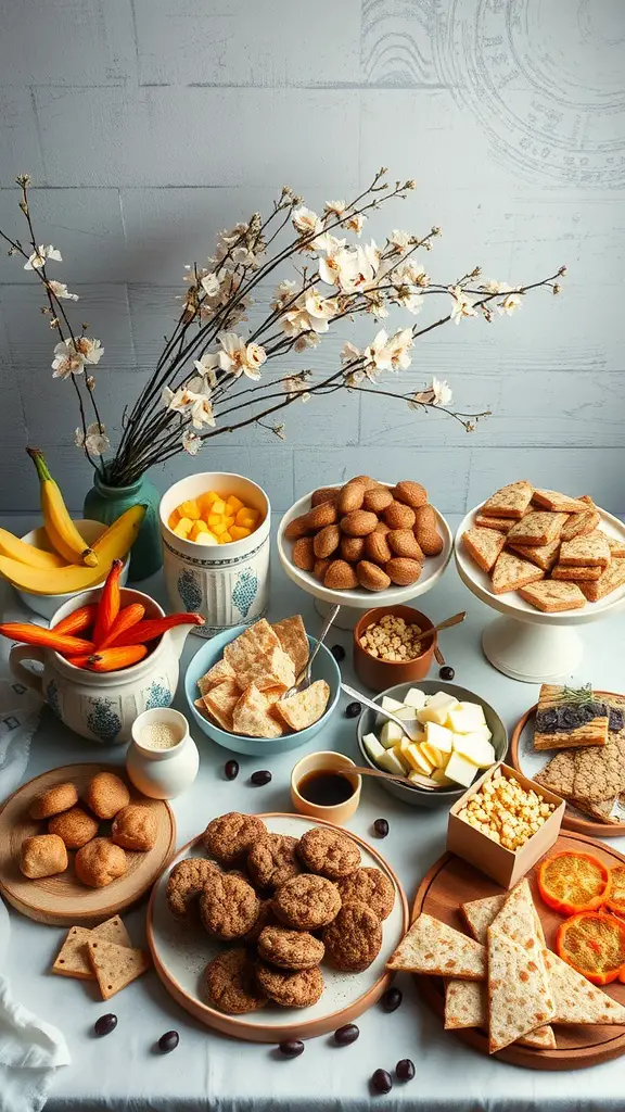 A beautifully arranged gourmet snack table featuring fruits, cookies, and other treats, set in a cozy atmosphere.