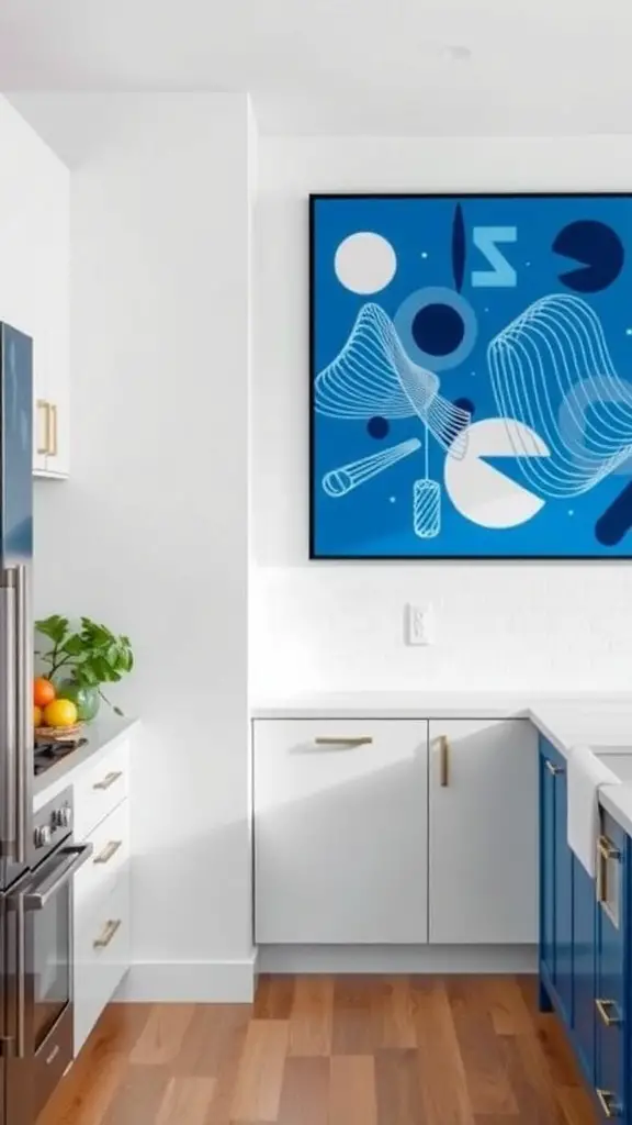 A modern kitchen featuring blue and white decor, with a large blue abstract wall art piece.