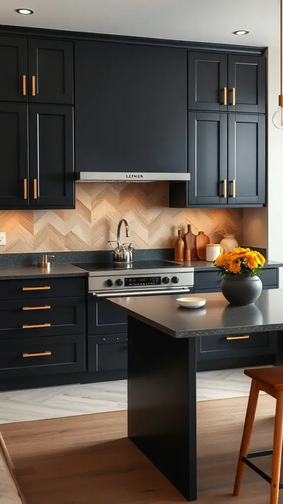 A modern kitchen featuring graphite black cabinets and warm beige accents.