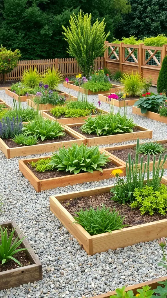 19 Creative Gravel Border Ideas for Your Garden 14 A garden featuring raised wooden beds surrounded by gravel paths and various plants.