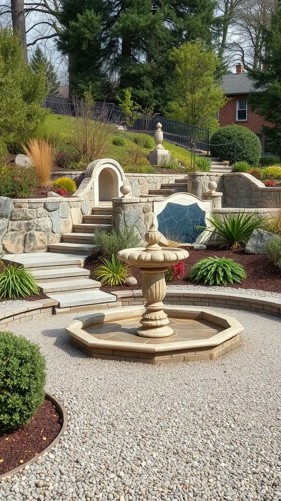 19 Creative Gravel Border Ideas for Your Garden 10 A garden with a stone fountain, gravel paths, and lush greenery.