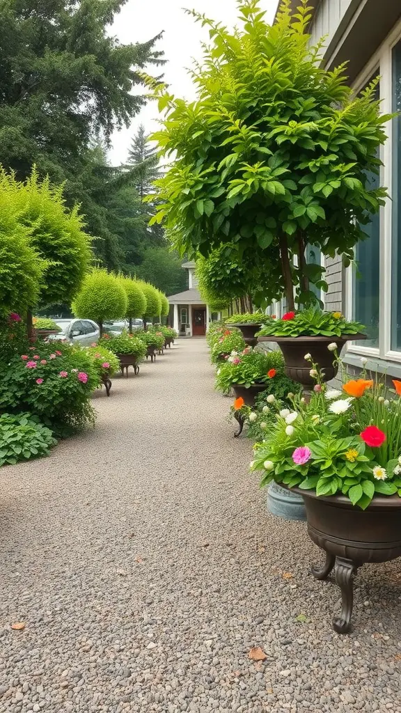 19 Creative Gravel Border Ideas for Your Garden 8 A gravel path lined with decorative planters filled with colorful flowers and topiary trees.