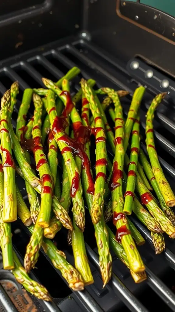 Grilled asparagus spears with balsamic glaze on a grill