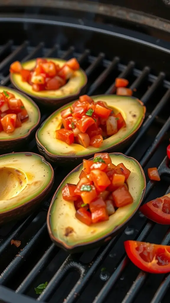 Grilled avocado halves filled with salsa on a grill