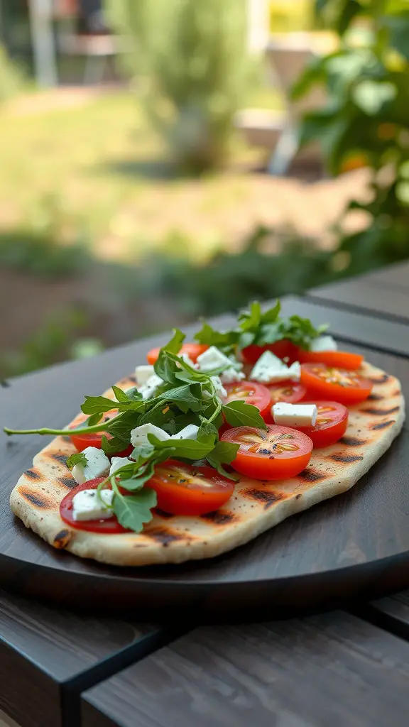 Grilled flatbread topped with fresh tomatoes, arugula, and feta cheese.