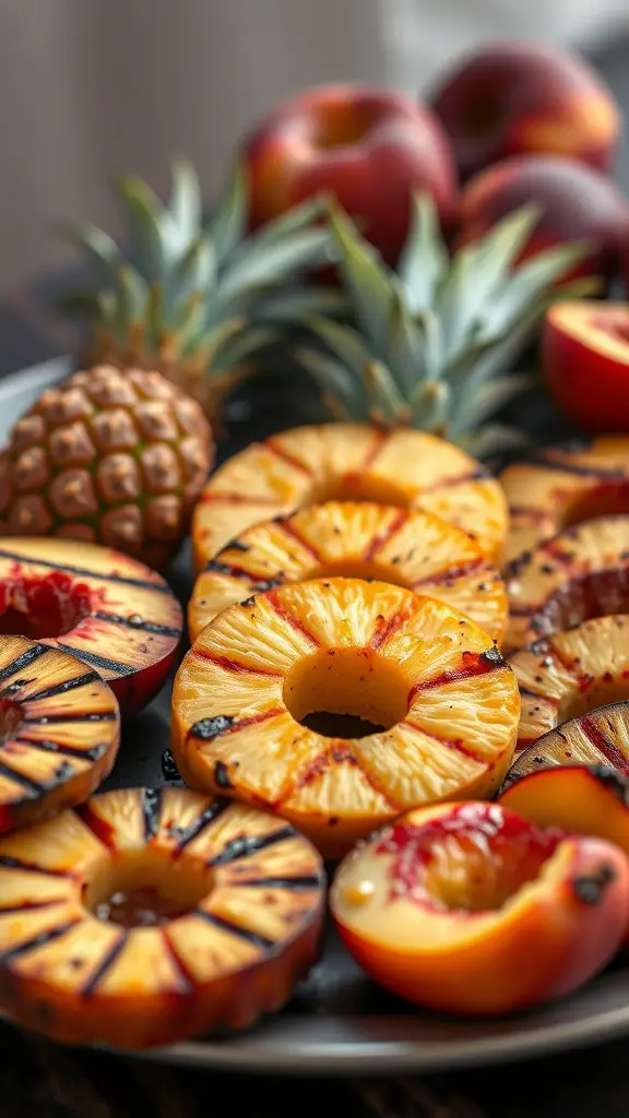 A colorful grilled fruit platter with pineapple and peaches, surrounded by fresh apples.