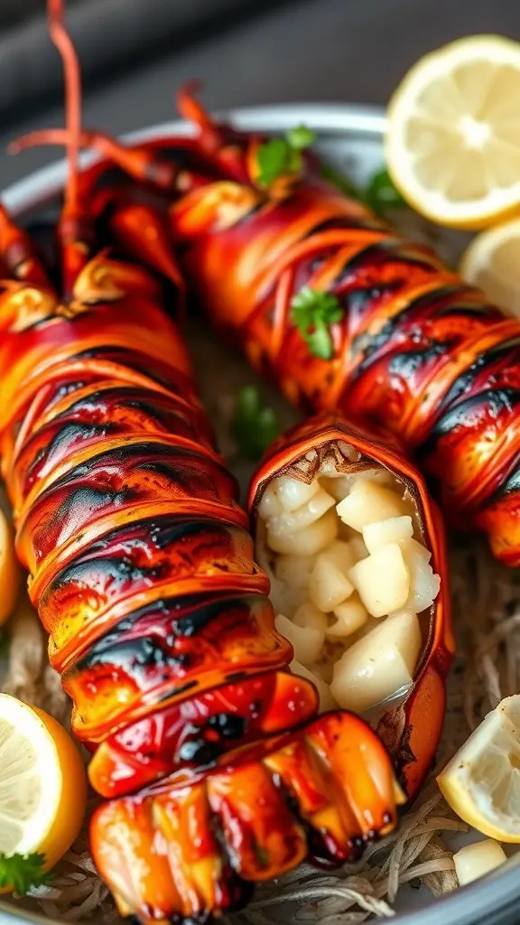 Grilled lobster tails garnished with green herbs and lemon slices on a platter.