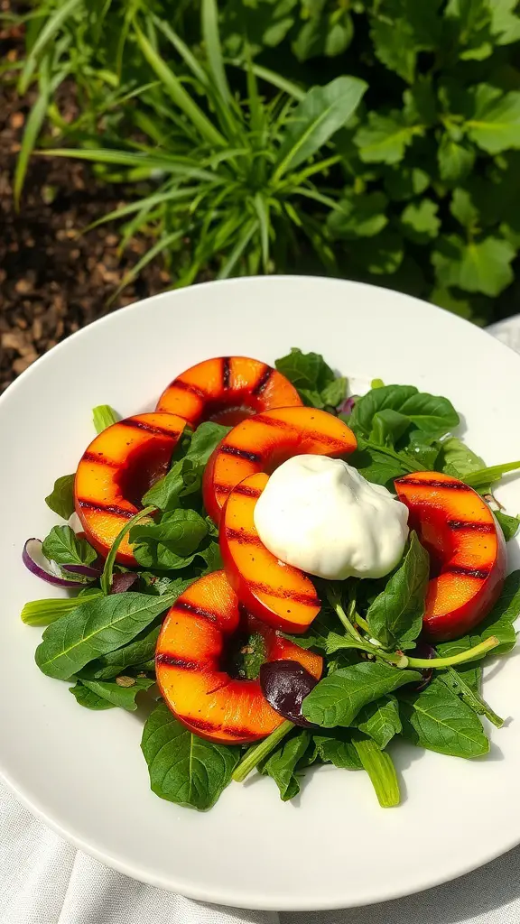 Grilled peach and burrata salad with greens