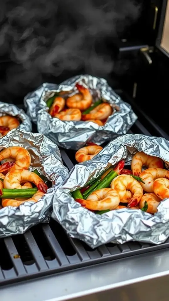 Foil packs with shrimp and vegetables grilling on a barbecue