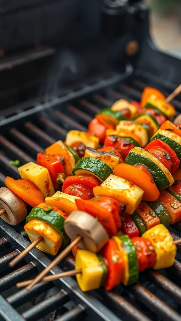 Grilled vegetable skewers with bell peppers, zucchini, and mushrooms on a grill