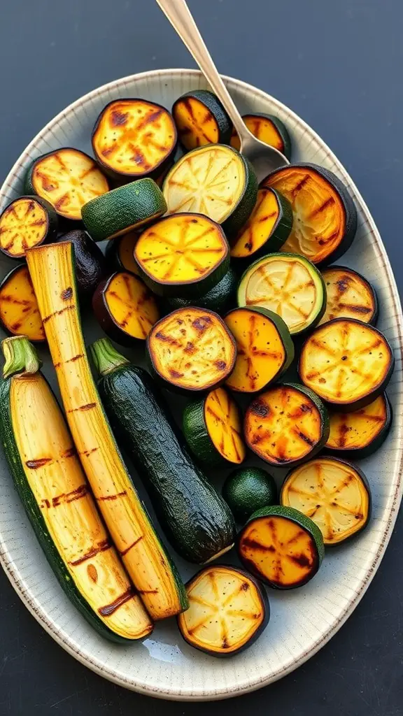 Grilled zucchini and squash platter with a variety of grilled vegetables arranged on a plate.