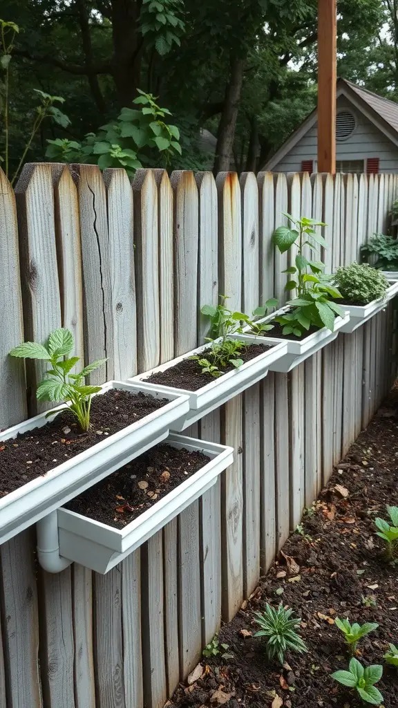 A vertical garden made from gutters filled with herbs, attached to a wooden fence.