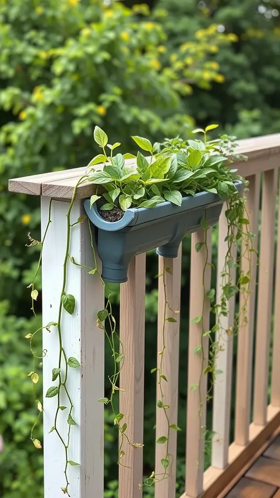 15 Creative DIY Deck Planter Ideas to Enhance Your Outdoor Space 9 Gutter planter filled with green vines hanging over a deck railing